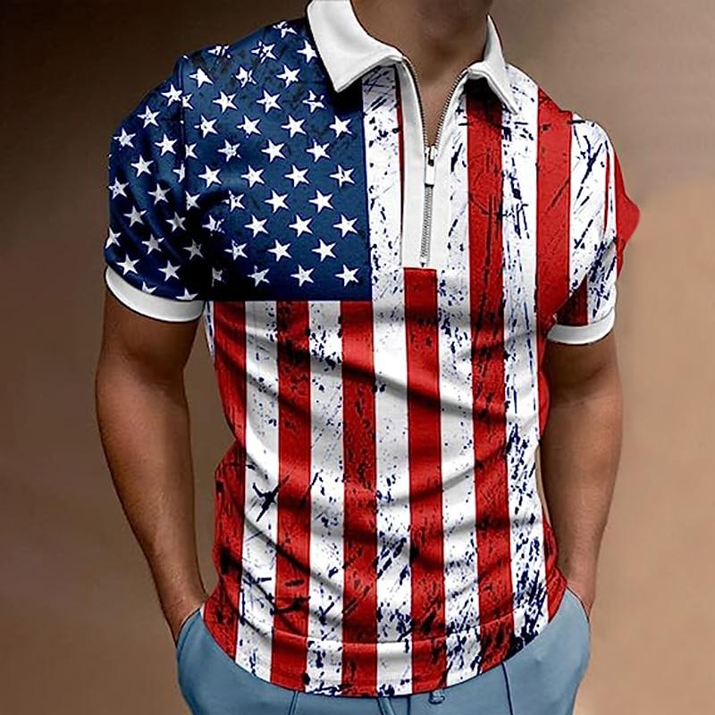 

Мужская рубашка-поло, повседневная рубашка на молнии с коротким рукавом, модная повседневная рубашка на молнии на лето и весну, стандартная посадка, 3D черная полосатая рубашка со звездами и принтом M синий