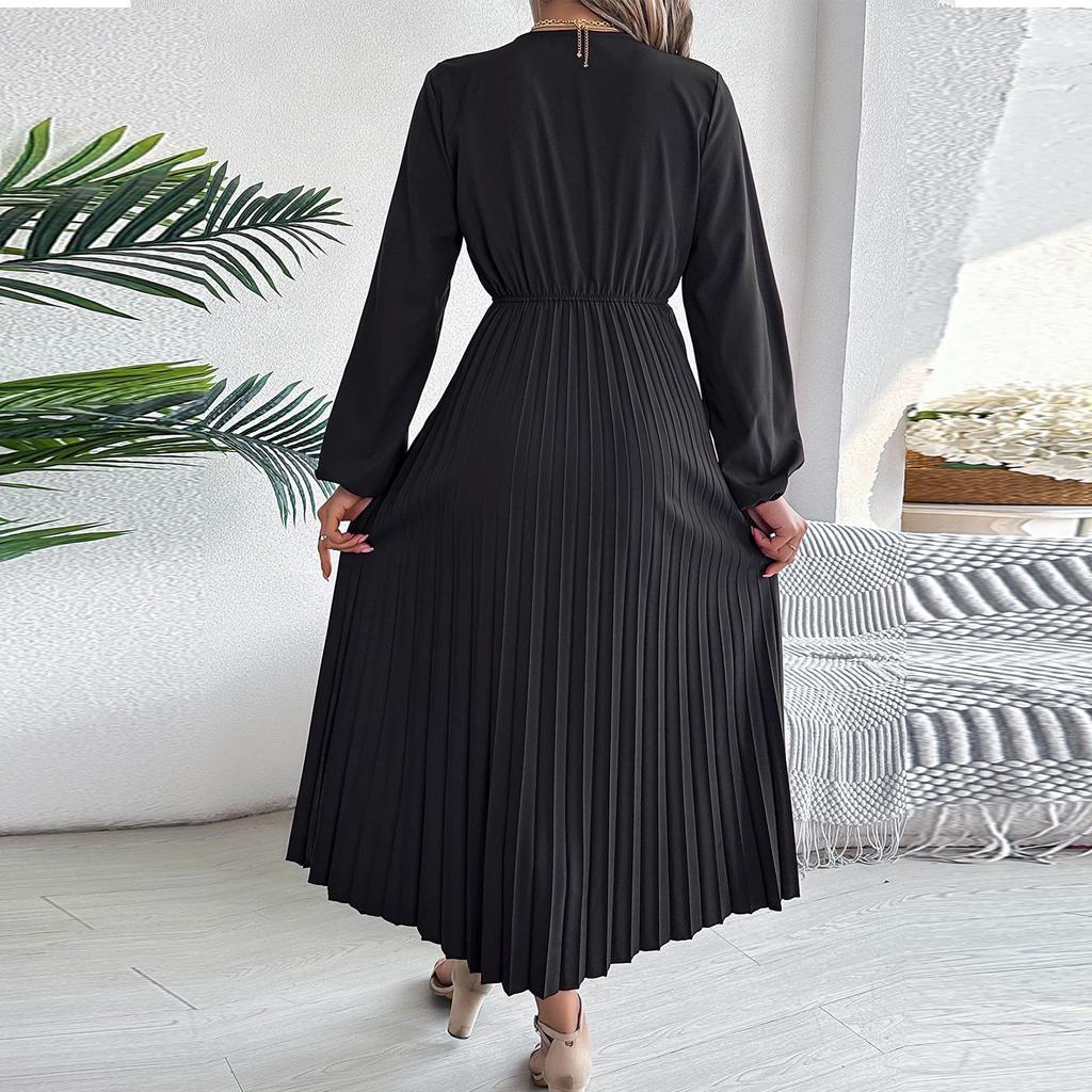 Women's Fashion Retro Color Elegant V-Neck Long Sleeve Waist Pleated Dress