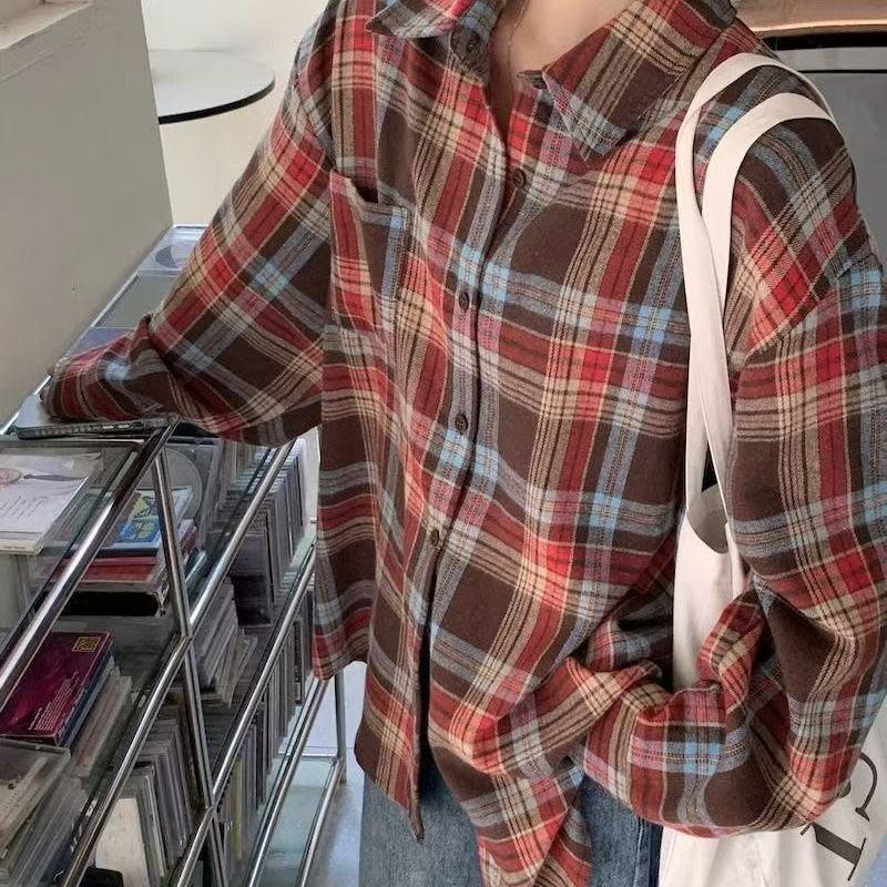 2026 Women s Korean Retro Plaid Polo Collar Loose Jacket Shirt S