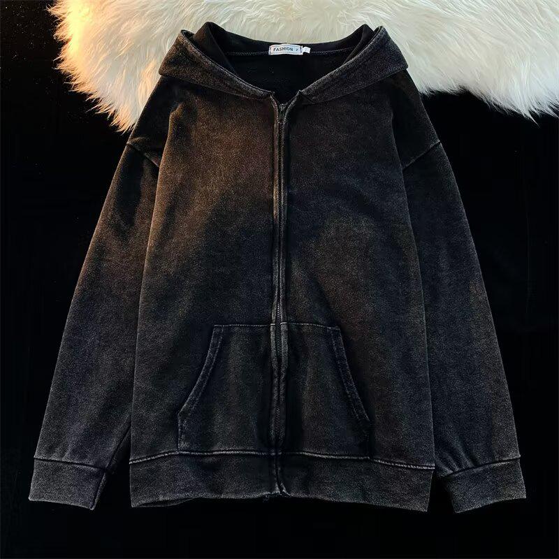 Herren Retro Oversized Used Kapuzenpullover Jacke - Frühling/Herbst Lockerer Reißverschluss Strickjacke