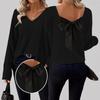 2025 Women's V-neck Solid Color Sweater: European & American Style, Autumn Long Sleeve, Casual Loose Fit with Bowknot
