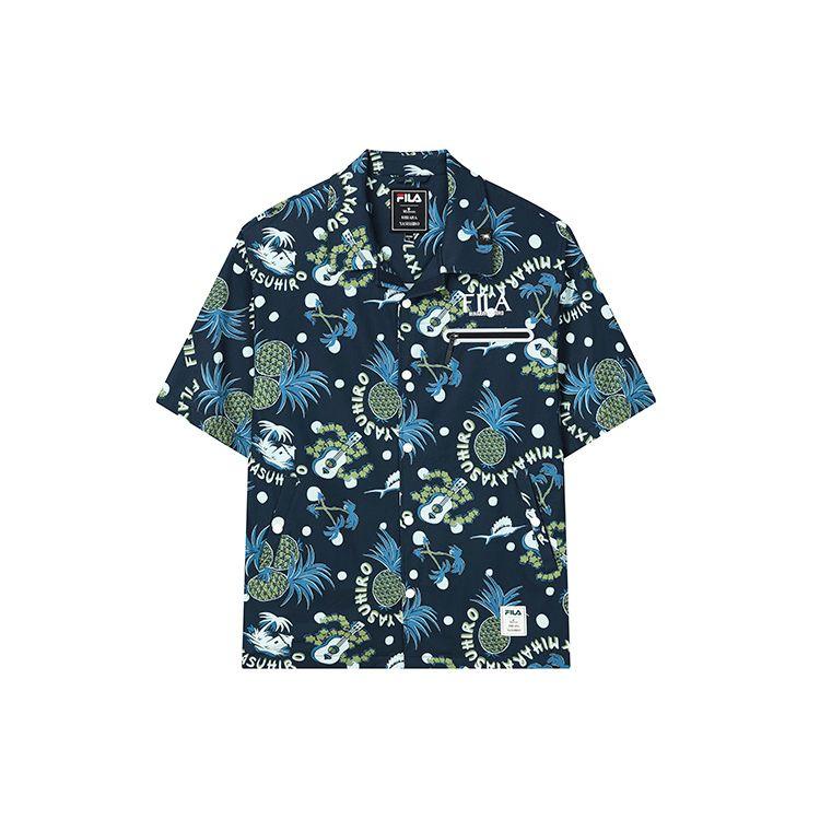 

FILA X MIHARA YASUHIRO Casual Vacation Letter Plant Print Loose Short Sleeve Shirt Men shirts Deep-Blue F11M223401F-NV XL