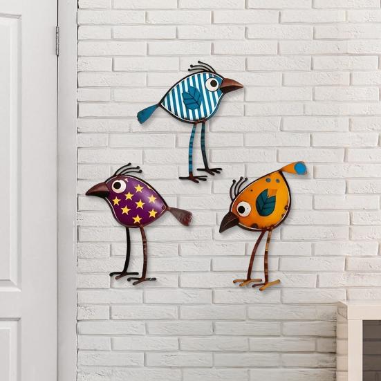 3Pcs Wooden Birds Wall Art Decor, Colorful Bird Wall Hangings, Funny Bird Wall Sculpture with Polka Dot Star Pattern Leaf Design for Farmhouse