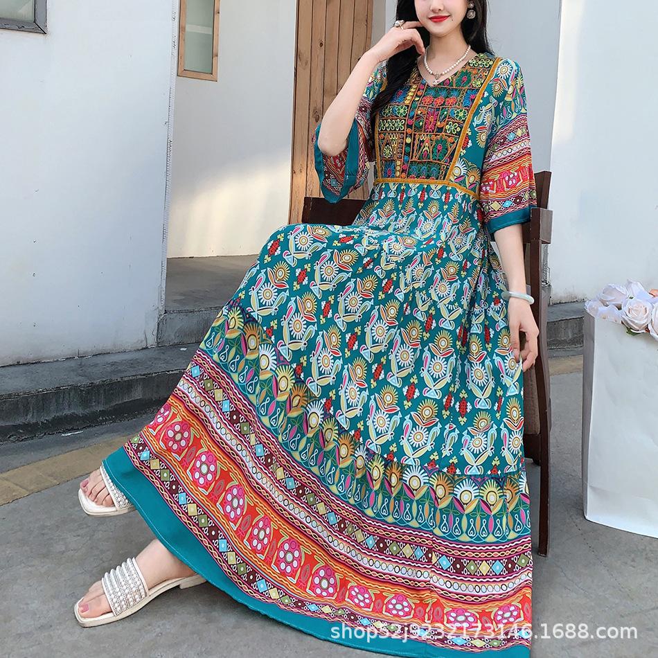 Rochie de vară pentru femei în stil etnic brodat, rochie de plajă cu flori din mătase din bumbac, în stil clasic, pentru vacanță turistică