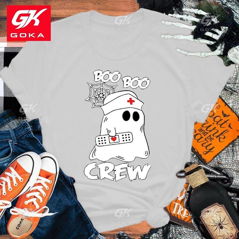 

Fashion Women Cotton T Shirt Halloween Nurse Boo Crew Print Funny Short Sleeve T Shirts Lady Girl Casual Cool Hip Hop Tops Tees S