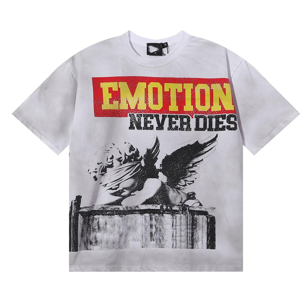 Summer Men s EMOTION NEVER DIES Angel Print T-Shirt, Vintage Washed Crew Neck Streetwear Tee S