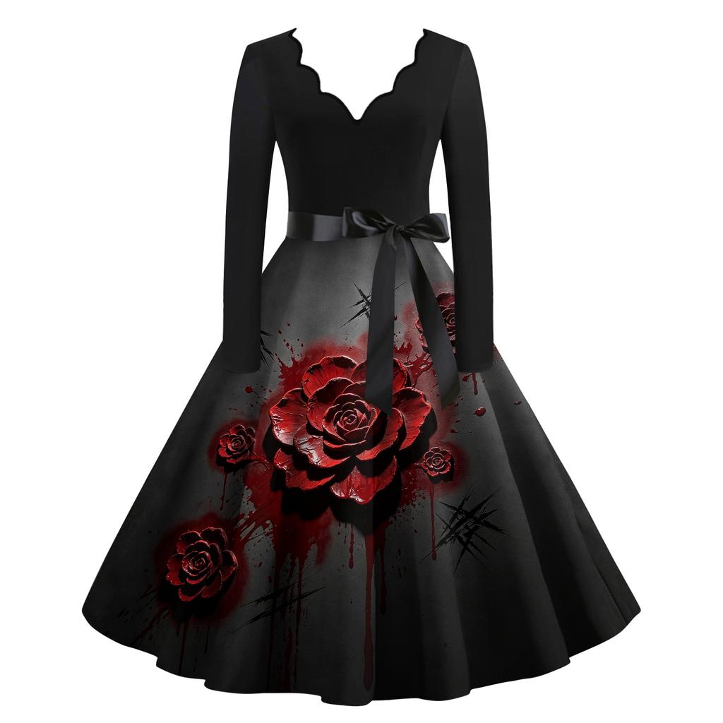 Women Long Sleeve V Neck Casual Dress Halloween Print Vintage Style Fit and Flare Midi Dress with Waist Tie Belt