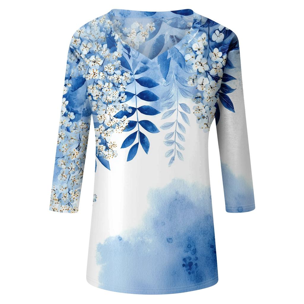 Women's V-Neck Three-Quarter Sleeve Small Floral Print Blouse - Loose Fit Casual Top for Summer
