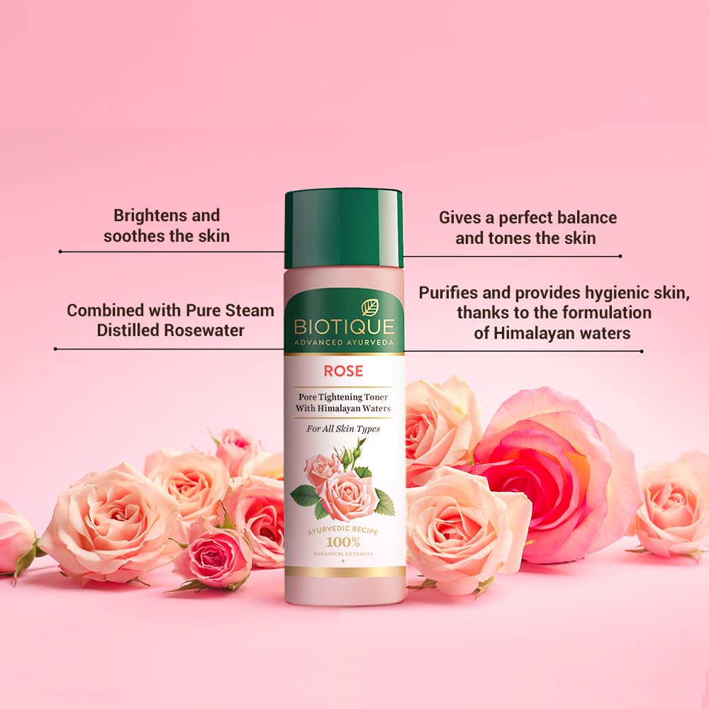 Biotique Bio Rose Pore Tightening Toner 120ml With Himalayan Water For Hydration Glowing Skin All Skin Types