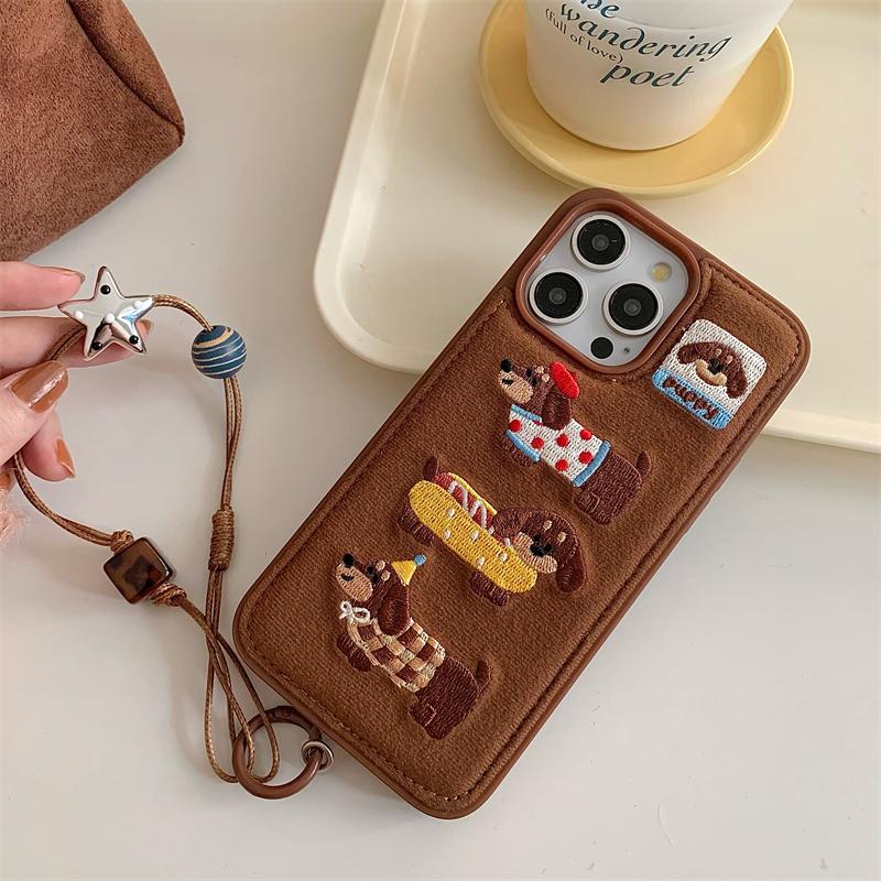 New Cartoon Embroidery Dog Cats Colorful Phone Case For iPhone 17 14 15 16 Pro Max 16 Cute Furry Plush Winter Shockproof Cover