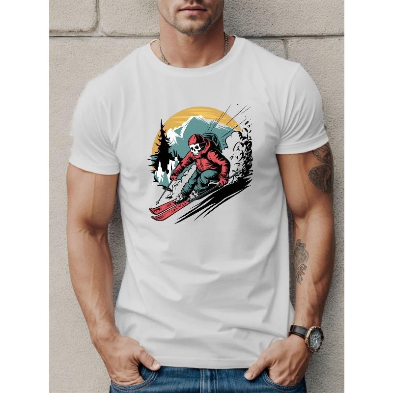 

European sizes Skeleton Skiing Print Tee Shirt, Tees For Men, Casual Short Sleeve T-shirt For Summer 4XL білий