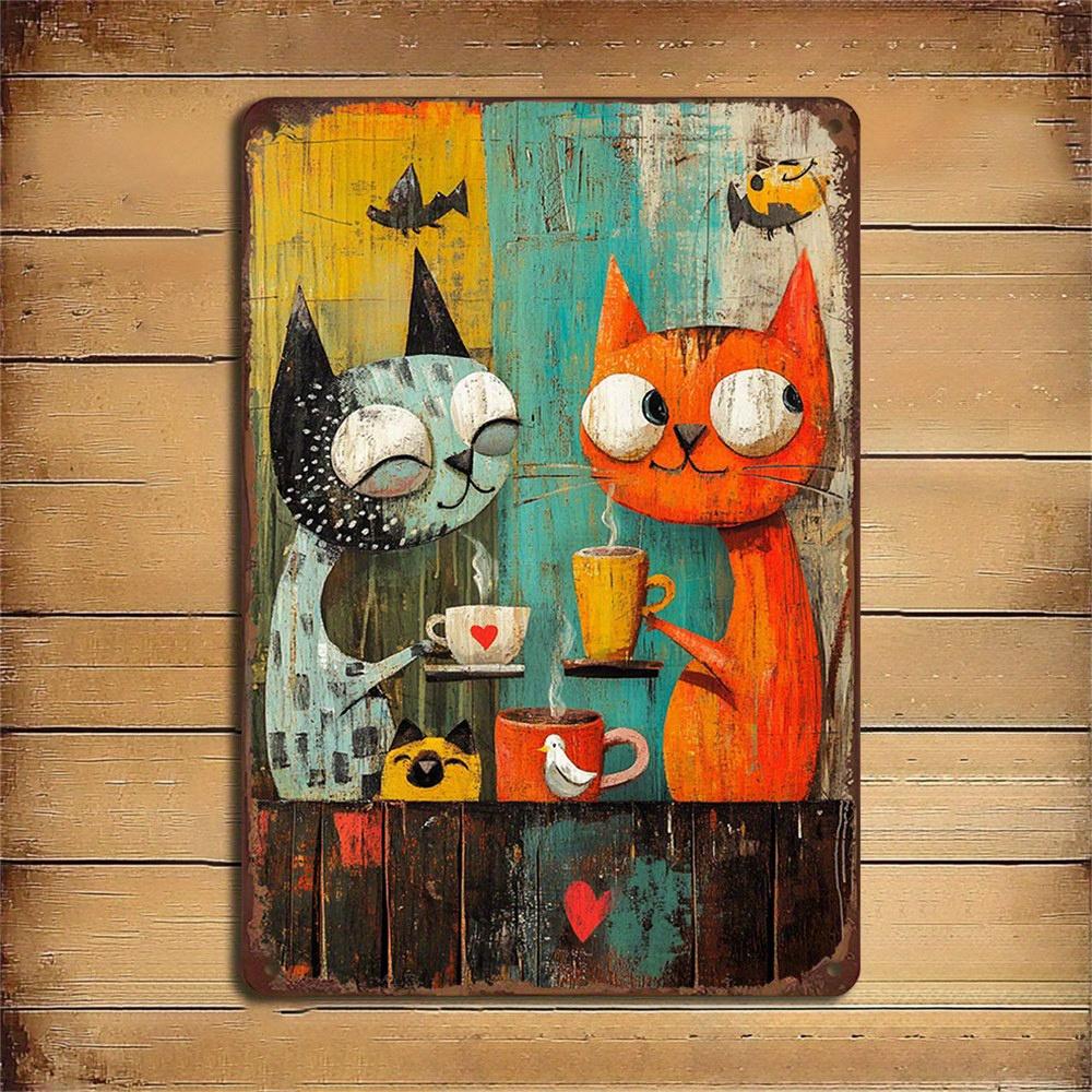 

Vintage Cat Tea Party Metal Wall Art Iron Country Style Tin Plate Whimsical Illustration with Teapot Cup Durable English aluminum 20x30cm
