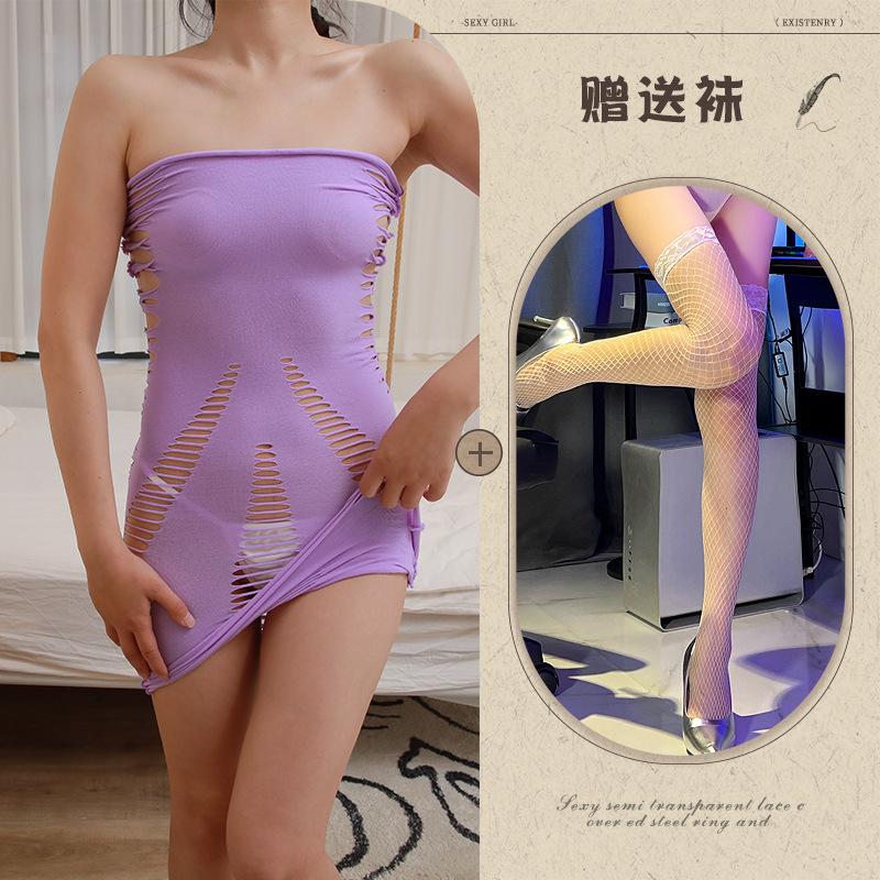 Hollow Chest Big Super Elastic Tight Short Skirt Sexy Spice Girl Torn Hip Wrap Dress Women