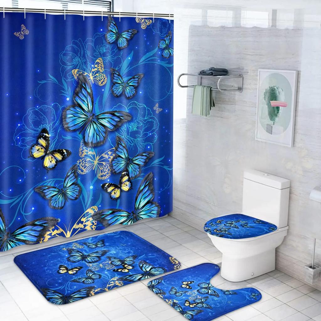 Butterfly Big Flower Blue Watercolor Flower Broken Flower Bathroom Shower Curtain Set Bath Mats Rugs Toilet Lid Cover Rugs Decor