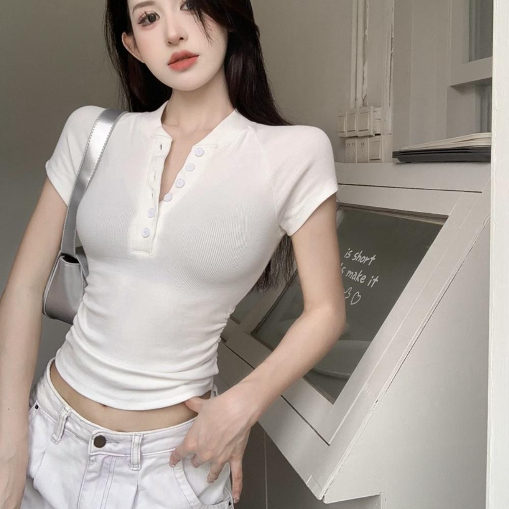 V Neck Button T Shirt Basic Short Sleeve Crop Top Women T-shirt Casual Tank Top Slim Female Crop Top Fashion Girl Tee Shirt Y2k Streetwear