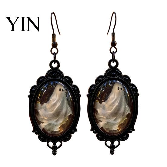 Handmade Crystal Glue Earrings Gothic Ghost Earrings, Vintage Style Matte Black Alloy Dangle Decorative Commemorative Jewelry Halloween for