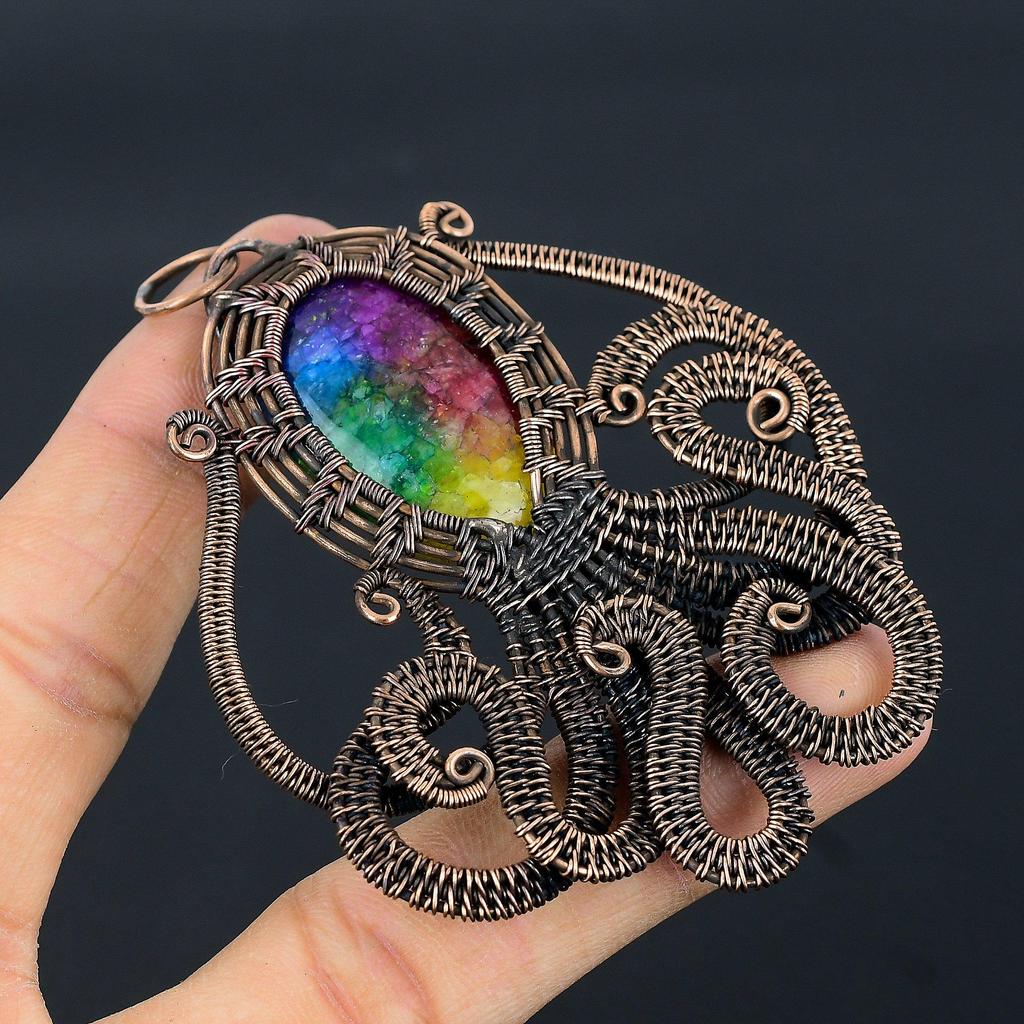Rainbow Solar Quartz 999 Copper Wire Wrapped Pendant, Handmade Gemstone Pendant Jewelry, Gifts For Wife Brand New Pendant