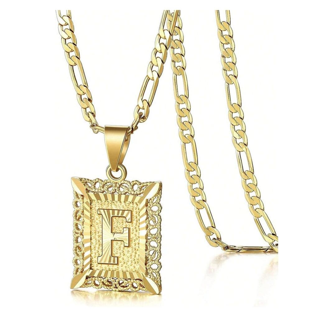 Initial Necklace Square Letter Pendant Necklace Capital Monogram Necklace Alhpabets From A-Z Figaro Chain Necklace