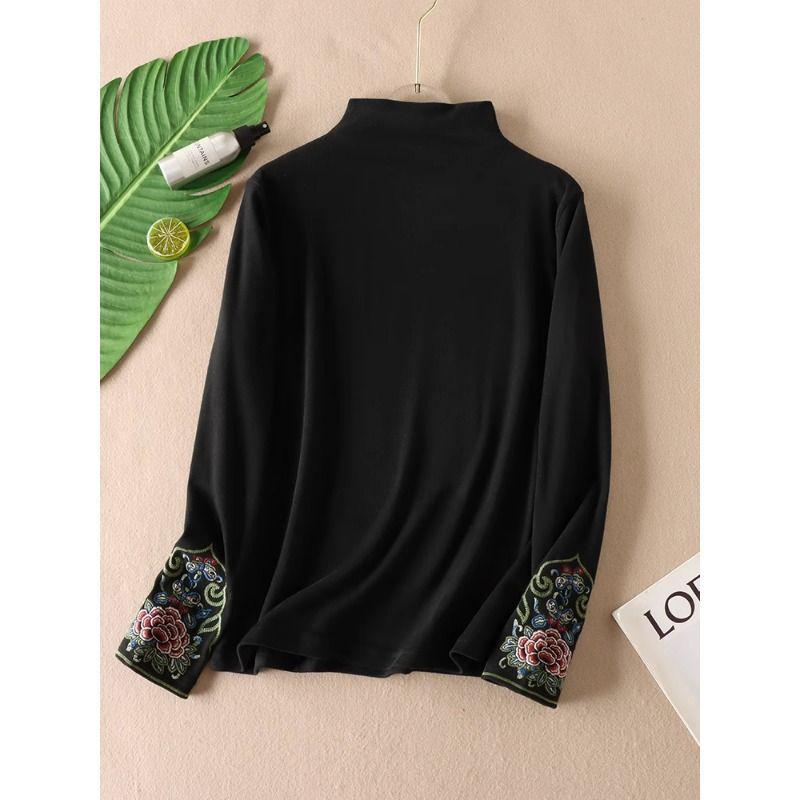 Women's Ethnic Embroidered Fleece T-shirt - Autumn/Winter Long Sleeve Half-High Collar