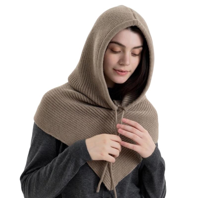 Thicken Knit Balaclava Knitted Shawl Drawstring Thicken Neck Warmer Knit Scarf for Cold Weather Insulated Hat