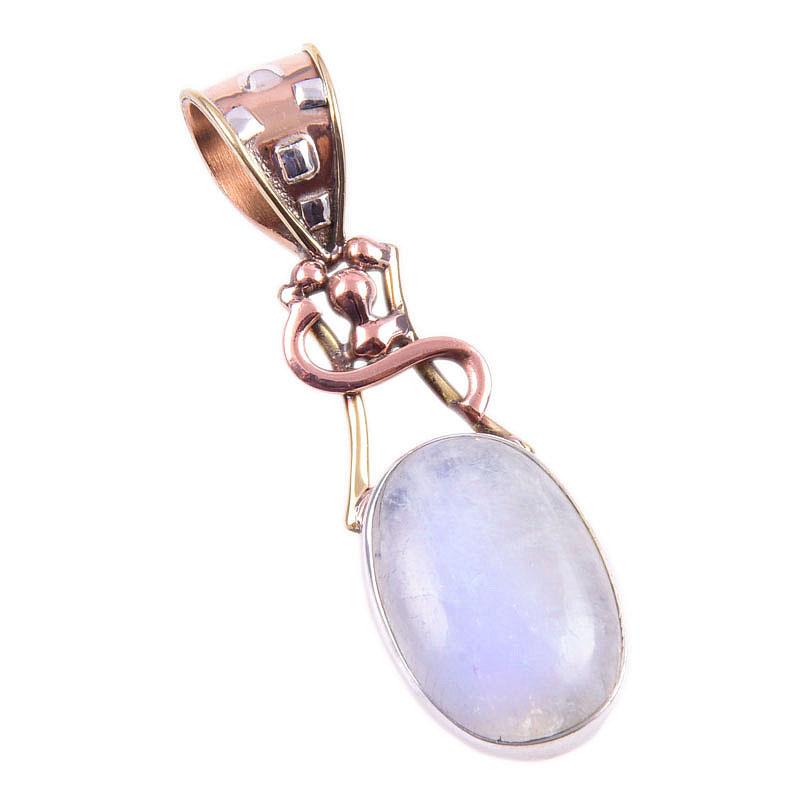 Natural Rainbow Moonstone Gemstone 925 Solid Silver Two Tone Pendant 1.50" n1V43
