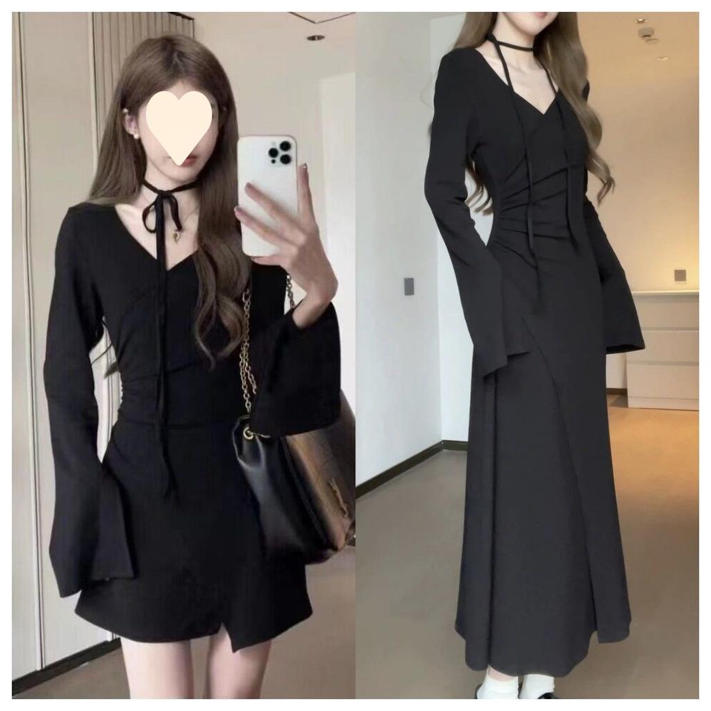New Girl's V-neck Irregular Dress Autumn Waist Thin Waist Pleated Long-sleeved Lace-up Skirt