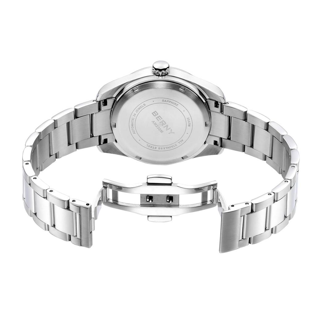 BERNY Automatikuhr für 200M Wasserdicht Superleuchtend Mechanisch Vollständig Edelstahl Analog Saphir Kalender Inklusive Herren, Herrenuhr, Silber, Uhr,