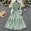 Harajuku Stand Collar Lantern Sleeve Lace Mujer Lace Up Mid-length French Style Dresses Patchwork Hollow Out Robe