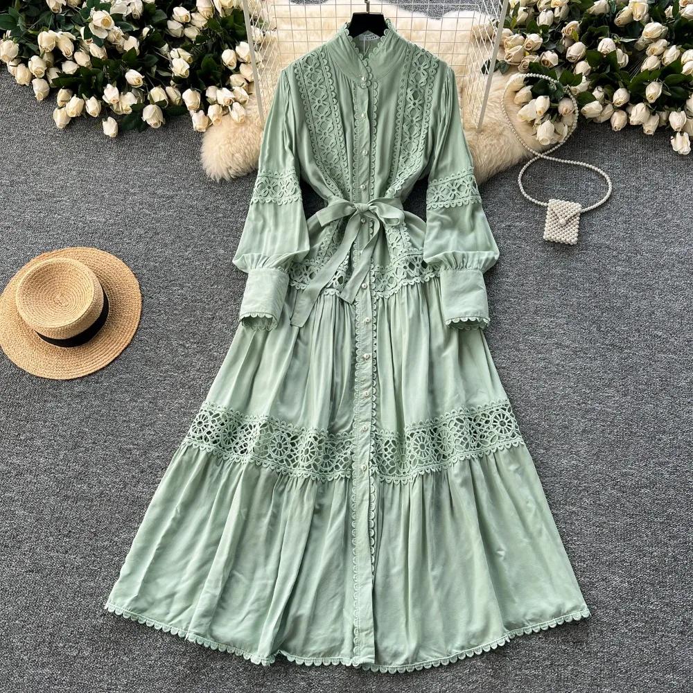 Harajuku Stand Collar Lantern Sleeve Lace Mujer Lace Up Mid-length French Style Dresses Patchwork Hollow Out Robe