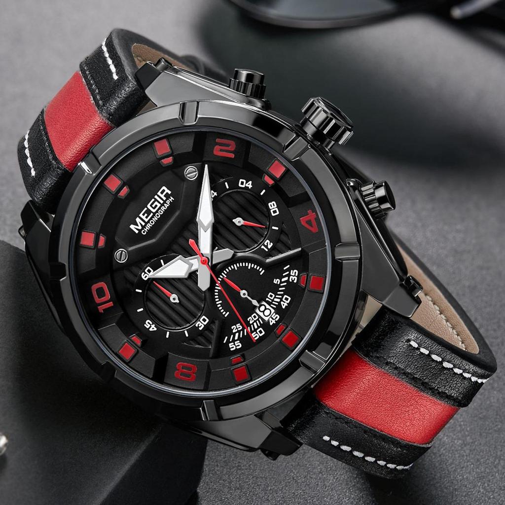 Megir Chronograf Sportovní hodinky Muži Quartz Náramkové hodinky Hodiny Móda Kožené Armádní Hodinky Hodina Čas Relogio Masculino
