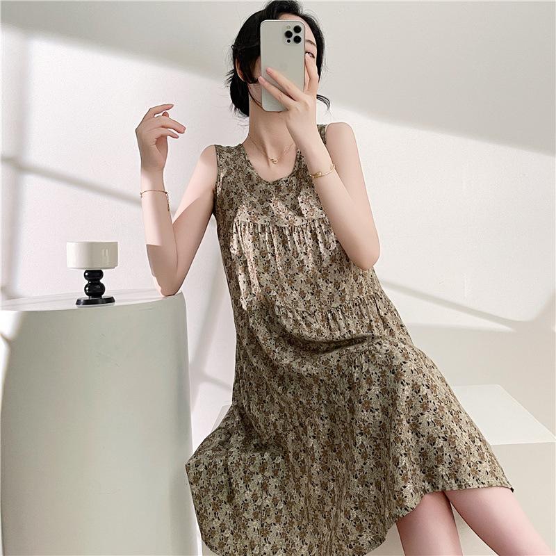 Women's Cotton and Silk Nightgown Summer Thin Internet Celebrity Large Size Printed Pajamas New Sleeveless Loungewear
