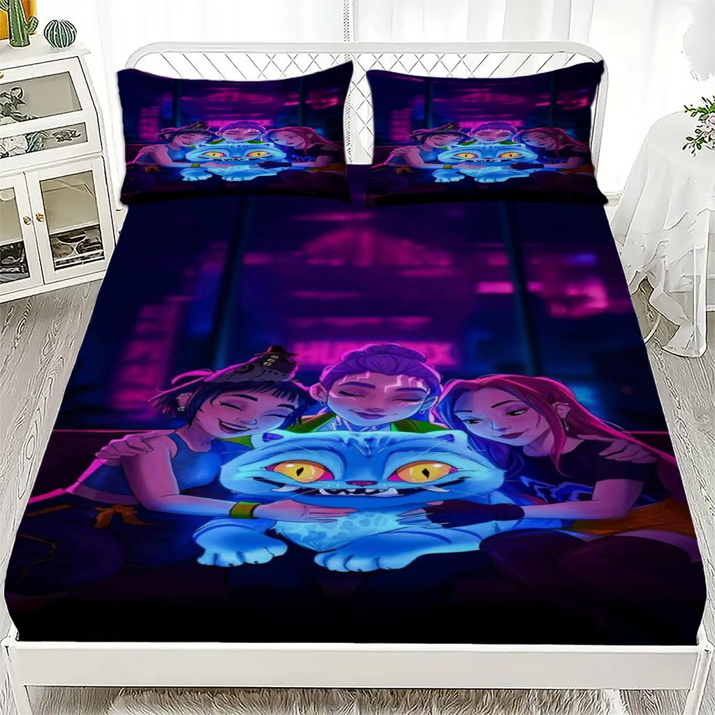 K-Pop D-Demon Hunters Fitted Sheet from Personalized  for Home Decor, Customized DIY Bed Cover Deep Pocket with 2Pillowcases