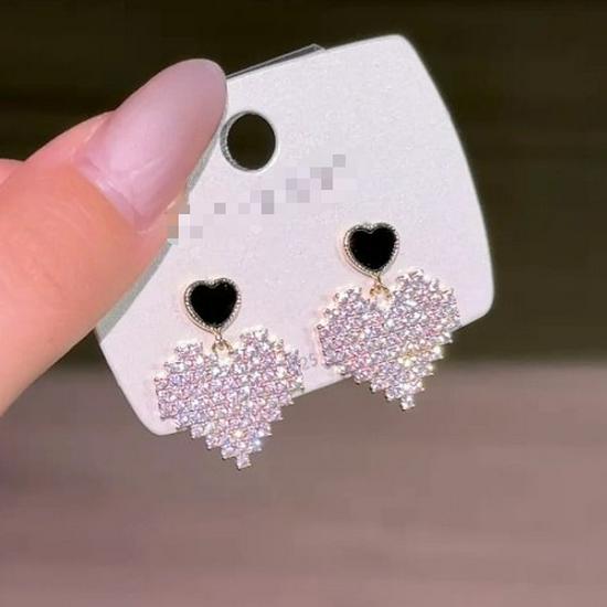 Rhinestone Heart Stud Earrings, 925 Sterling Silver, Sweet Korean/Japanese Style, Light Luxury