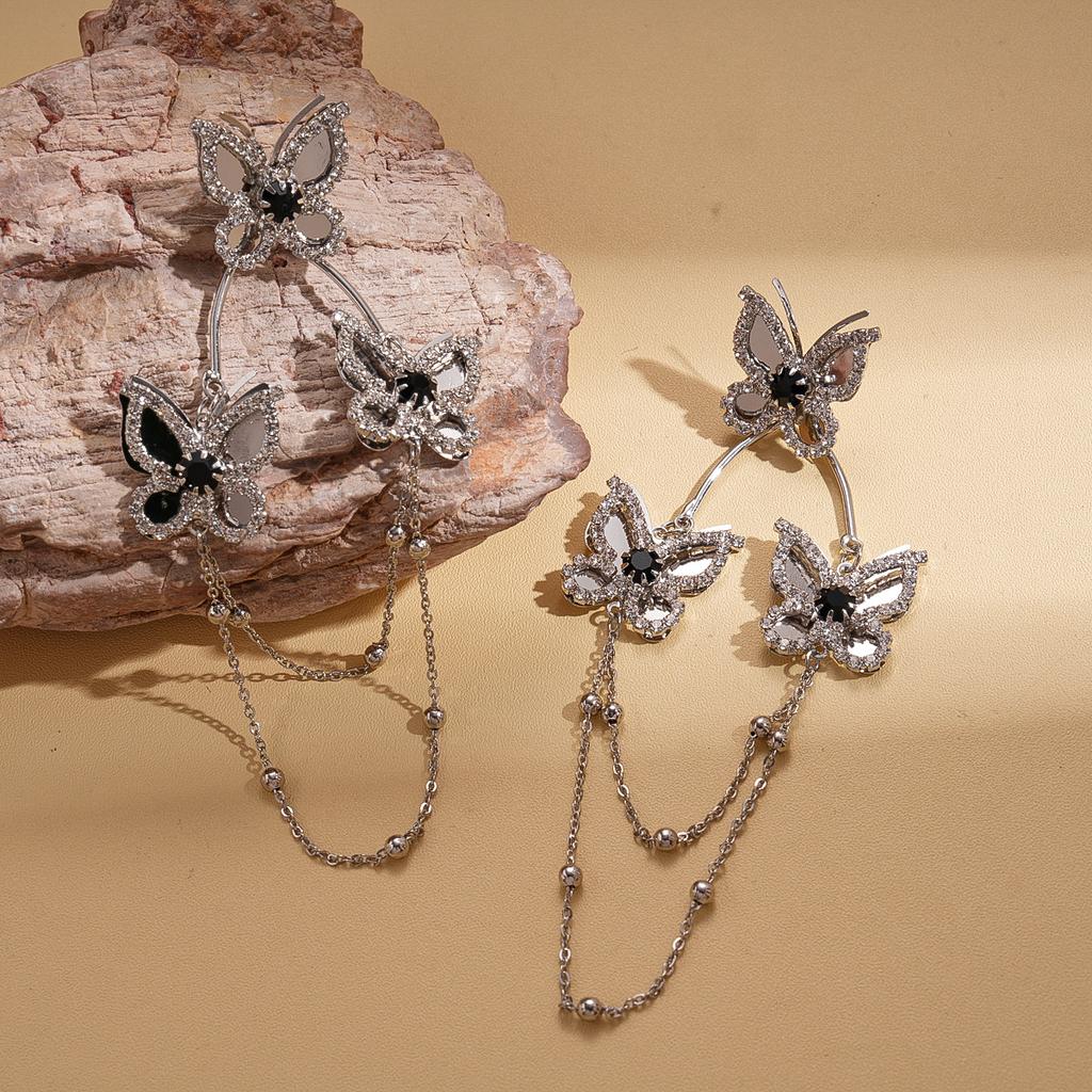Diamond-set butterfly tassel silver needle earrings exquisite earrings