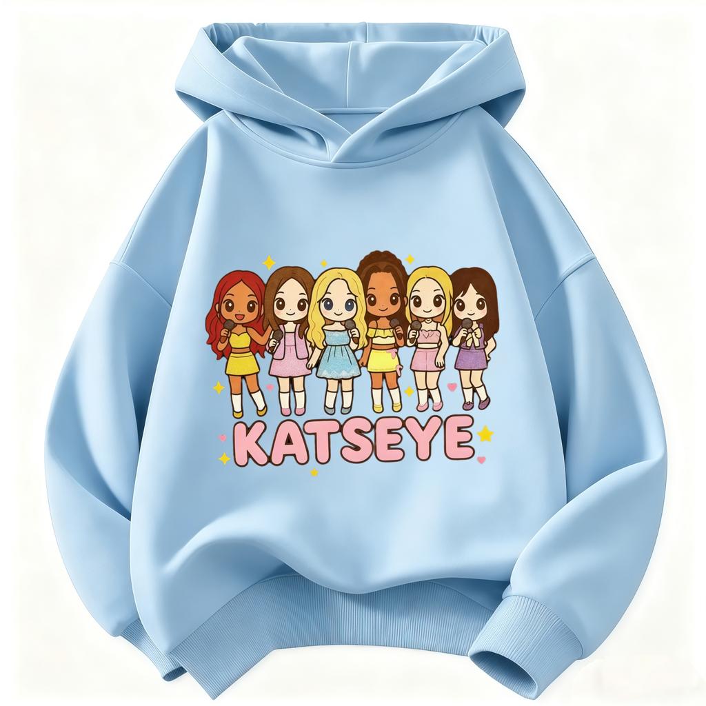 Kinder KATSEYE Cartoonfigur Kapuzenpullover Mädchen Langarm Kapuzenpullover Gruppe Grafik Pullover Kinder Freizeit Streetwear Oberteile