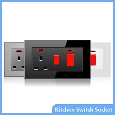 146 UK Standard 45A High Power Kitchen Electric Switch Socket 13A Wall Power Supply Fogão Vidro Plástico Alumínio tomada Preto