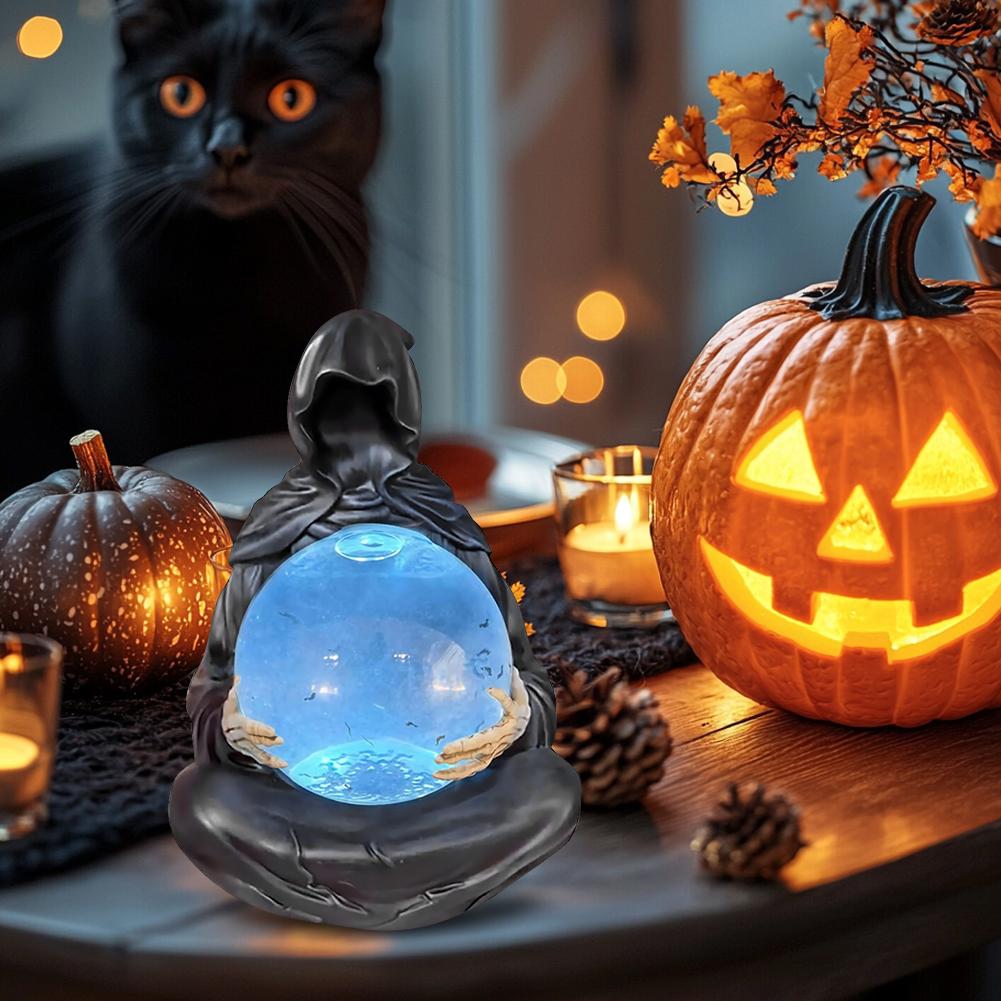 Grim Reaper Figurine with Light Up Ball Crystals Glowing Balls with Floating Bat The Death God's Crystal Balls for Halloween