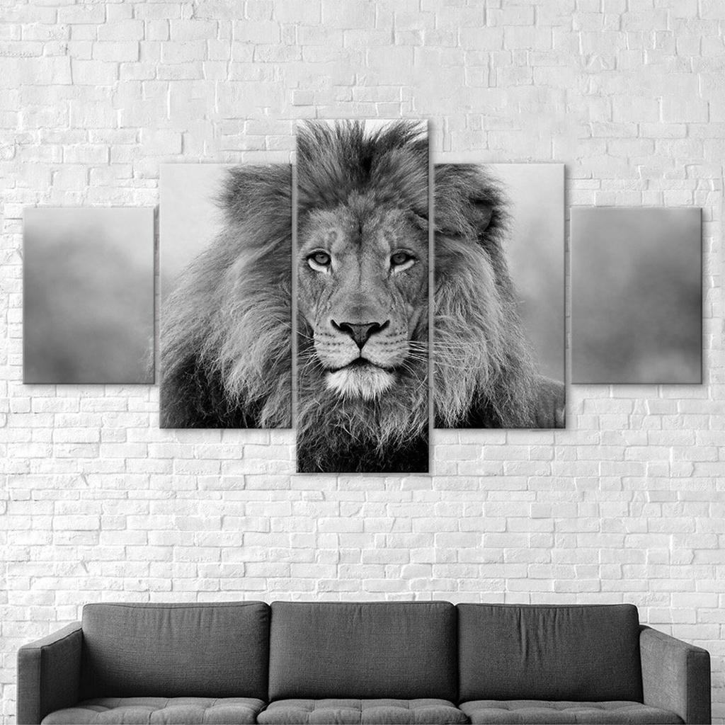 Lion Glare Black White Scene 5 Piece Five Panel Wall Canvas Print Modern Art Poster Home Decor Gift For Him For Her