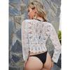 Womens Breathable Crochet Cutout Cover-Up Top Long Sleeve Wrap Neck UV Protection Shirt
