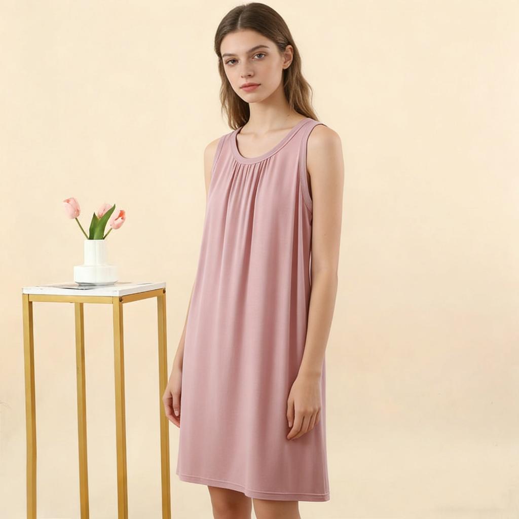 Summer Women's Modal Ruched Round Neck Sleeveless Sleep Dress Loose Casual Plus Size Simple Tank Dress Nightgown Loungewear