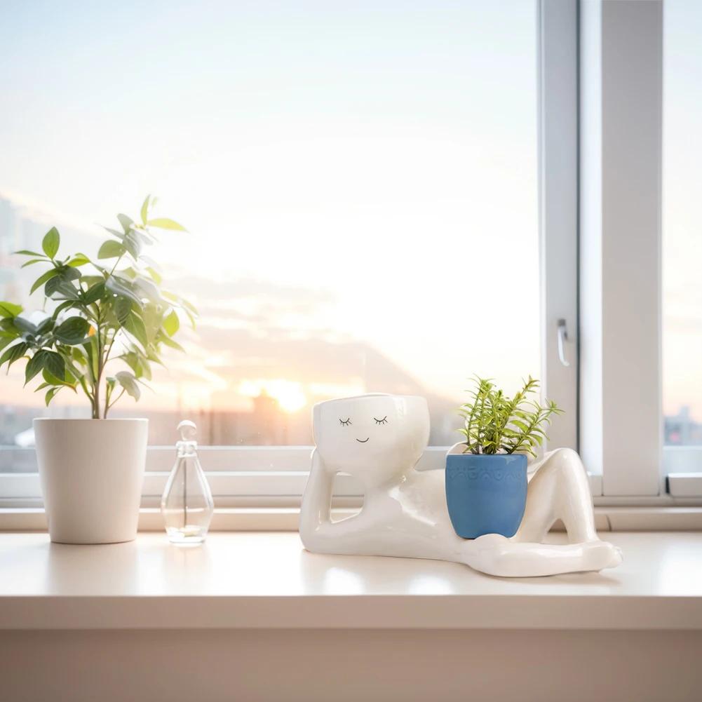 Face Flower Pot Planter Figure Art Statue Ornament Home Human Resin Decorative Potted with Drainage Hole Succulents Vase