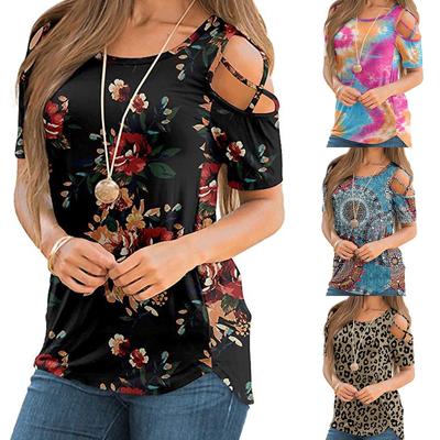 Damen Sommerdruck Kurzarm Riemchen Cold Shoulder T-Shirt Tops Blusen