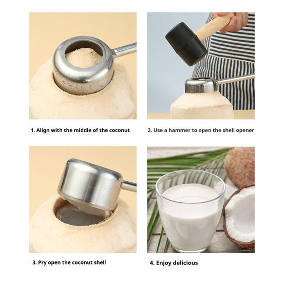 Portable Coconut Juice Extractor Manual Opener/Rubber Hammer/Coconut Meat Grater, Thickened Stainless Steel Hole Green Water Opener Puncher, Anti-slip