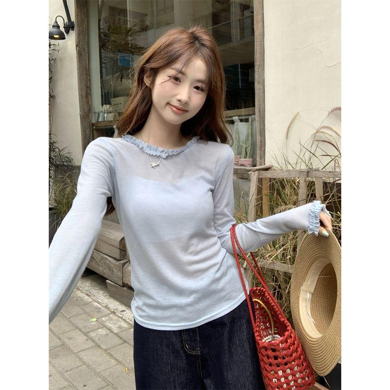 

Kumikumi Sweet Set Cut Out Lace Vest Dress Women s Autumn Bandage Dress Long Sleeves Bottoming Shirt Two-piece Set Blue Undershirt One size