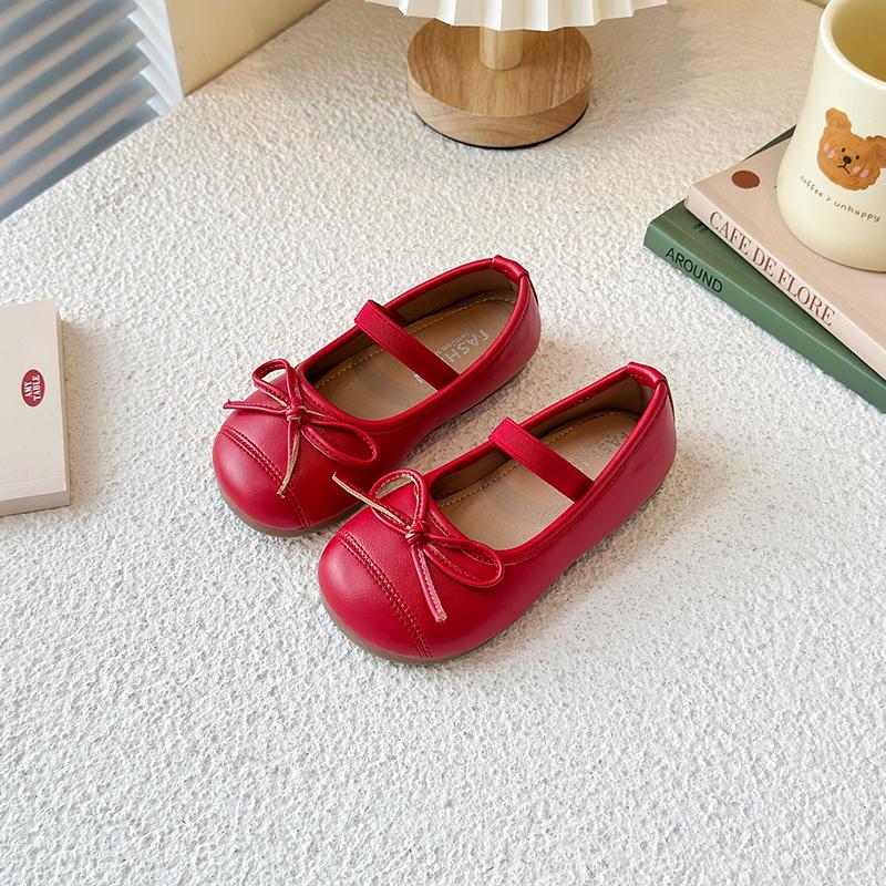 

Girls Leather Shoes Soild Color Versatile Kids Flats Soft Sole Non-slip 2025 New Children Princess Shoes Simple Bows Slip-on 22 красный