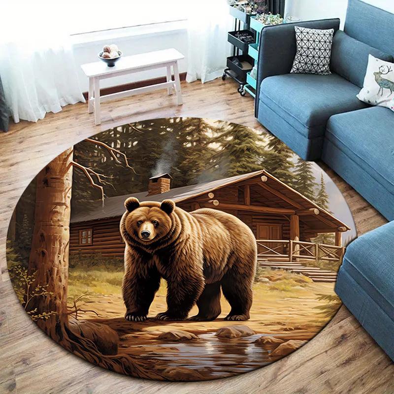 Retro Brown Bear Round Area Rug,Carpet Rug for Living Room Bedroom Sofa Playroom Decor,Non-slip Floor Mat 80cmx80cm