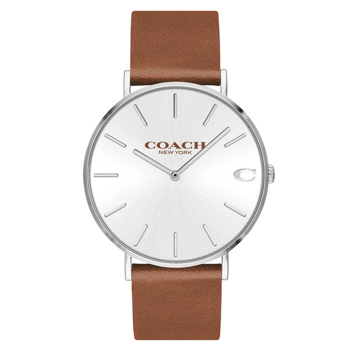 

Coach Men s Watch, White Dial, Brown Leather Strap, Stainless Steel Case 14602152 коричневый
