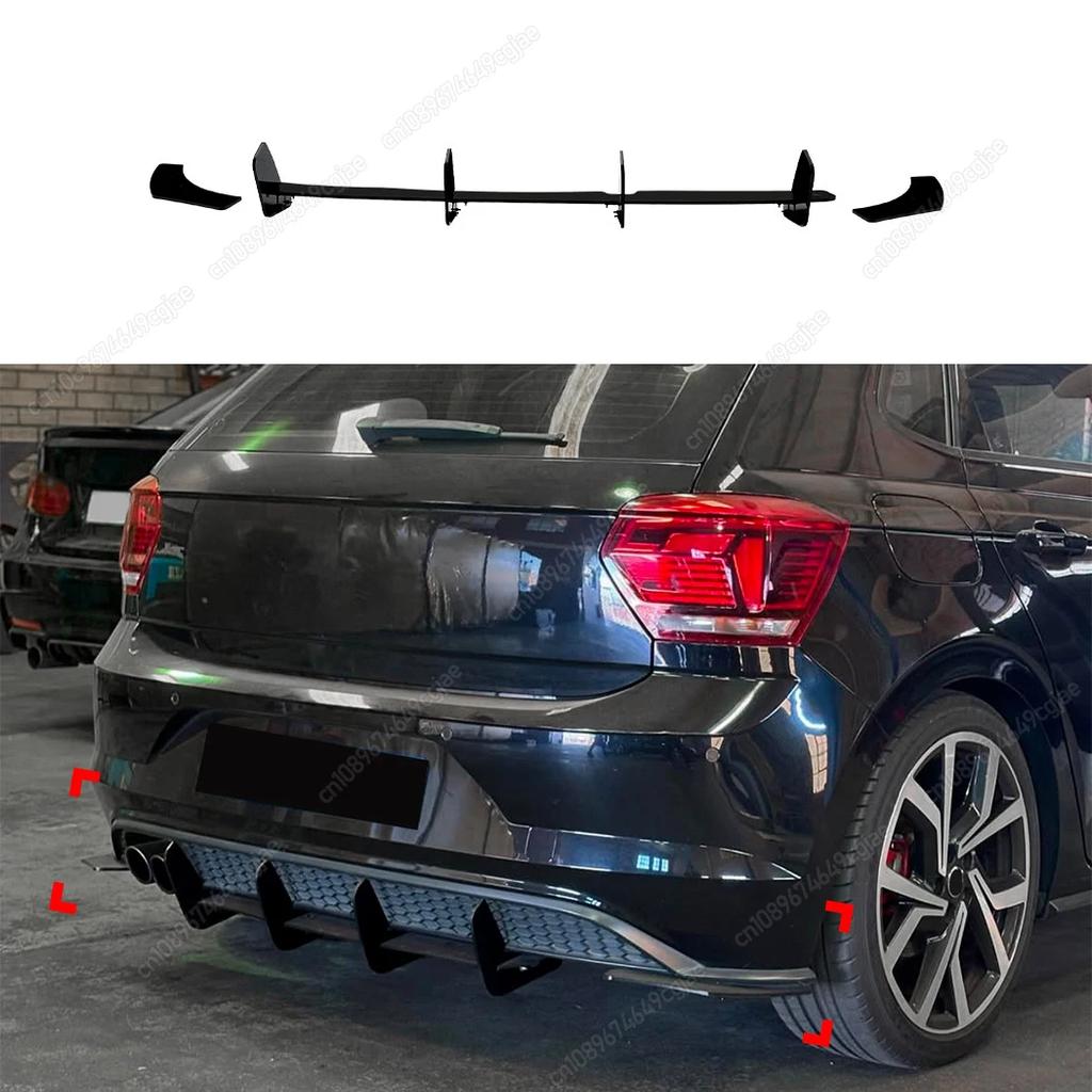 Dla Volkswagen Polo MK6 GTI 2017 do 2021 ABS Hatchback Zestawy Karoserii Splitter Spoiler Czarny Tuning 4 Płetwy Dyfuzor Tylnego Zderzaka Samochodu
