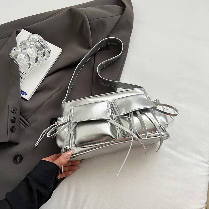 

Сумки через плечо из искусственной кожи с двойными карманами для женщин 2024 года, новая модная тенденция, женская сумка через плечо, серебряные сумки серебряный