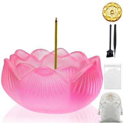 Pink Lapis Lazuli Lotus Glass Incense Burner Set 9 Hole Gold Holder 45g Reusable Ash Cleaning Tools